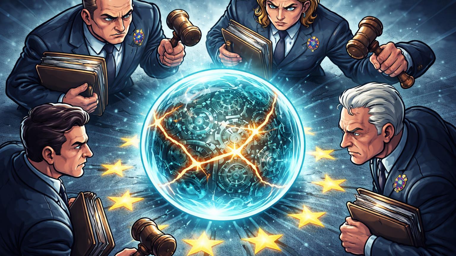 Reguladores europeus cartoon cerrando círculo ao redor de esfera DeFi de previsão, simbolizando proibição da Polymarket pela Holanda