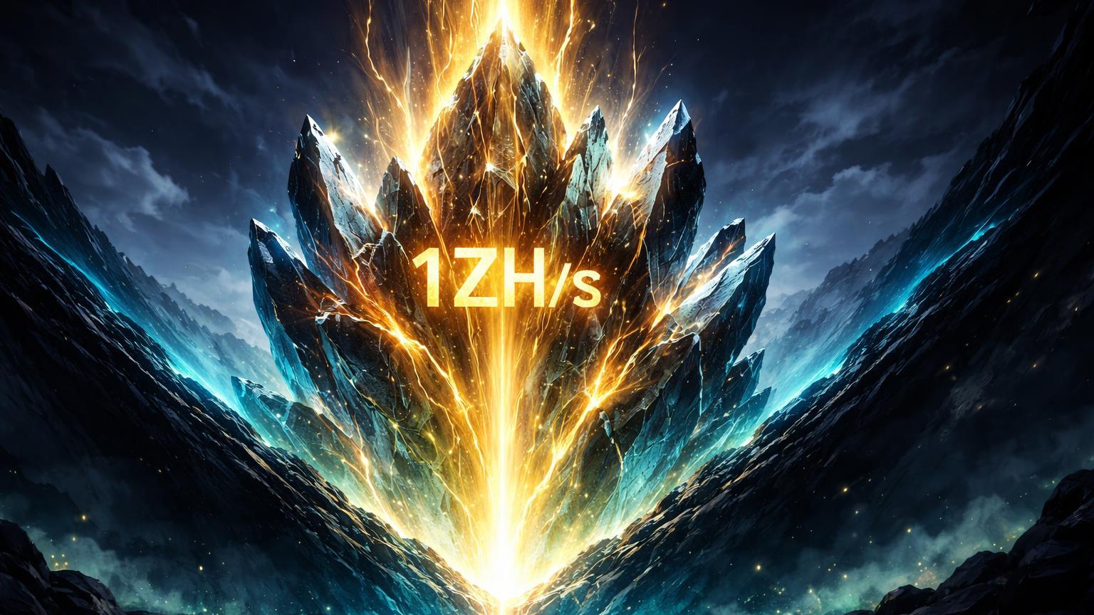 Cristal de rede Bitcoin emergindo em V com núcleo 1ZH/s luminoso e camadas endurecendo, simbolizando recuperação de hashrate e dificuldade recorde