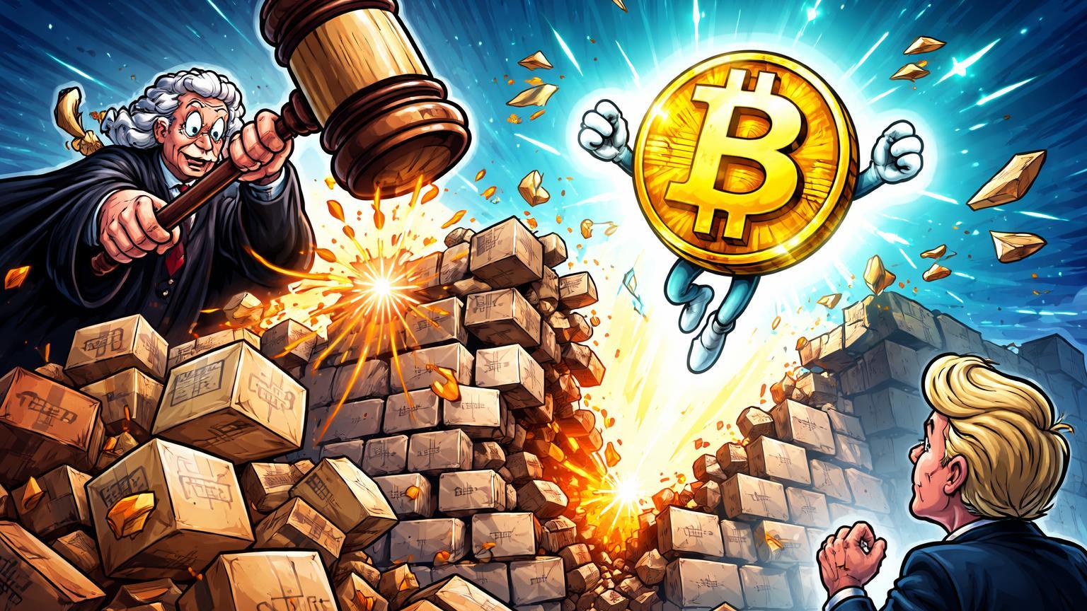 Juiz cartoon martelando barreira de tarifas, liberando Bitcoin dourado ascendente, simbolizando decisão da Suprema Corte impulsionando cripto