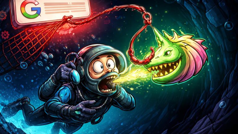 Trader cartoon mordendo isca falsa de Uniswap puxado por rede phishing de anúncio Google, alertando sobre scam em buscas patrocinadas