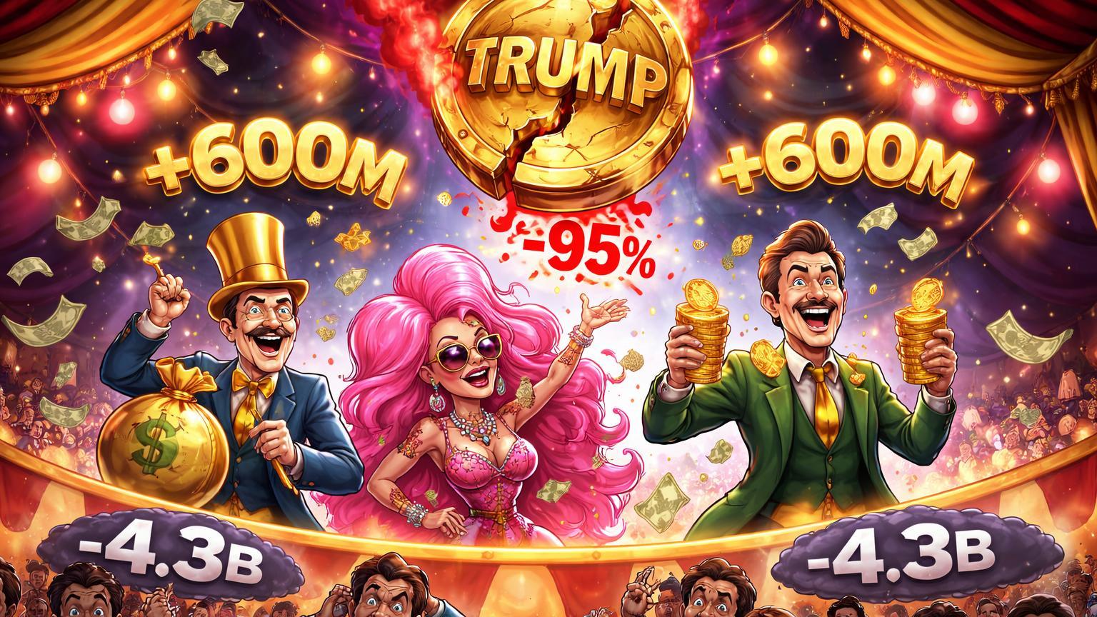 Cena de circo cartoon em Mar-a-Lago: banqueiros e Nicki Minaj celebrando no picadeiro enquanto memecoin TRUMP cai sobre investidores retail prejuízo