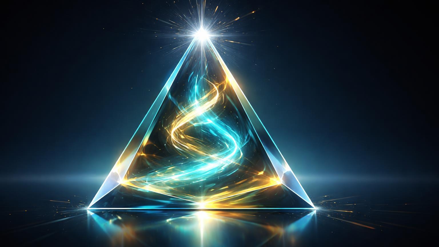 Triângulo cristalino geométrico com energia cyan-dourada pressurizada no ápice, simbolizando padrão técnico de Ethereum em ponto de decisão