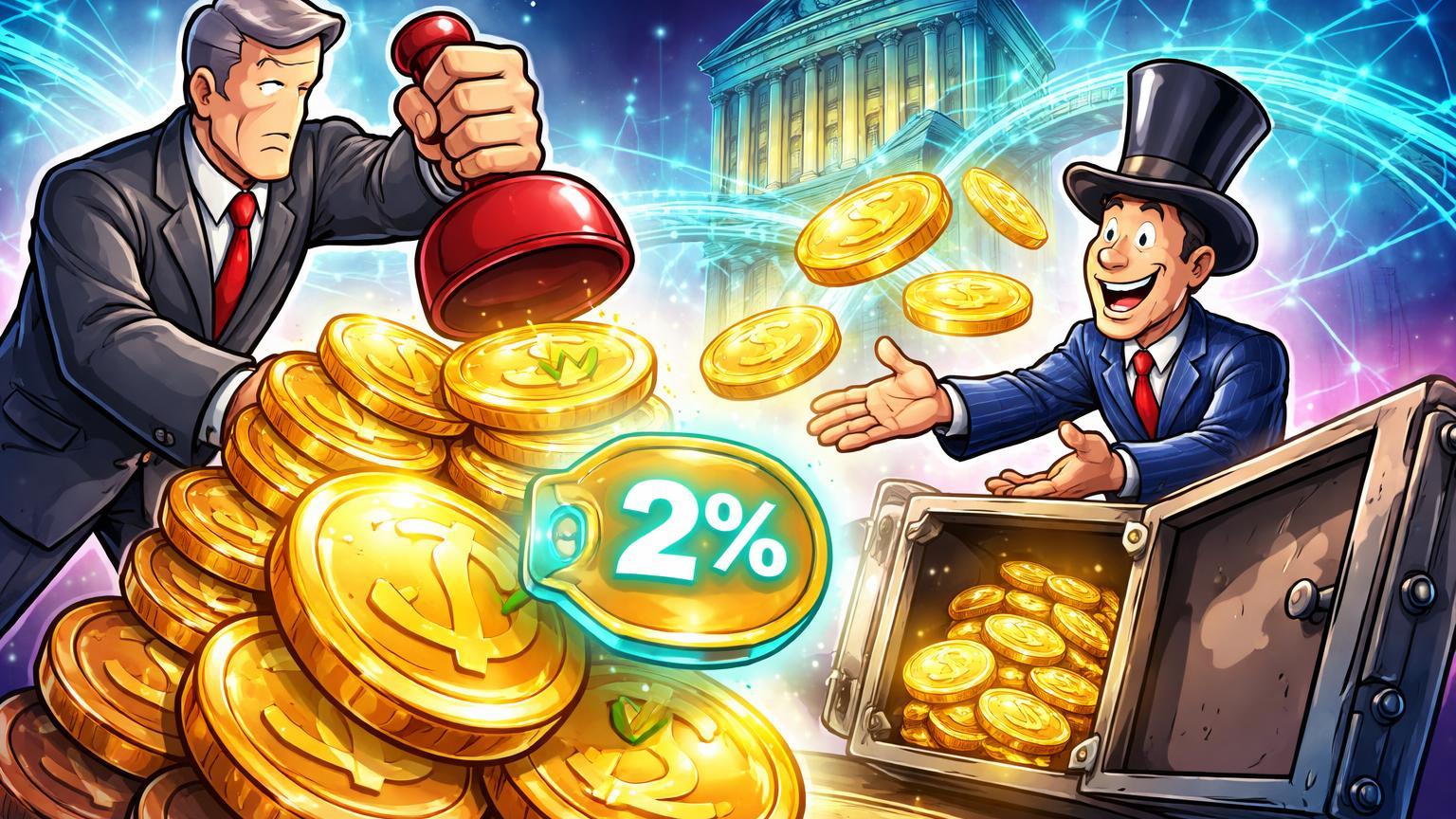 Personagens cartoon de regulador SEC carimbando stablecoins com 2% para corretor Wall Street, simbolizando aprovação regulatória e ponte institucional