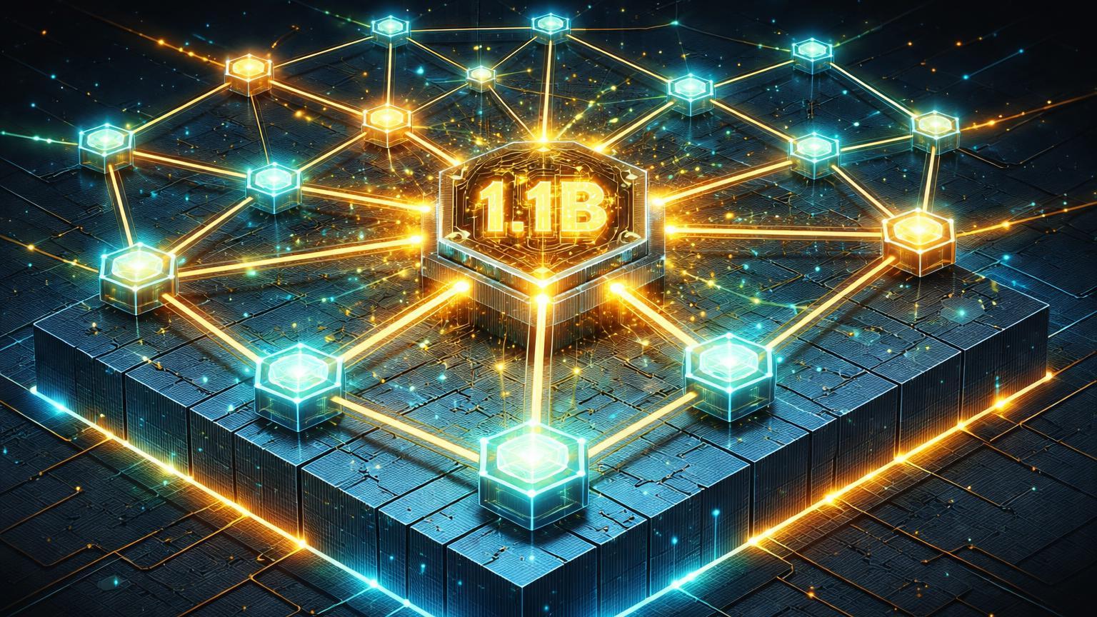 Rede isométrica Lightning Network com canais cyan-dourados pulsantes e '1.1B' no centro, simbolizando US$ 1,1 bi em atividade mensal do Bitcoin