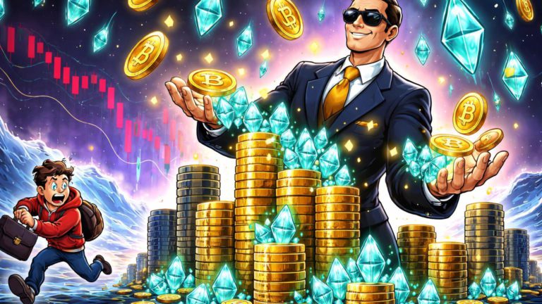 Investidor institucional cartoon gigante acumulando BTC e ETH caindo enquanto trader retail foge em pânico, destacando compras no dip por BlackRock e Tom Lee