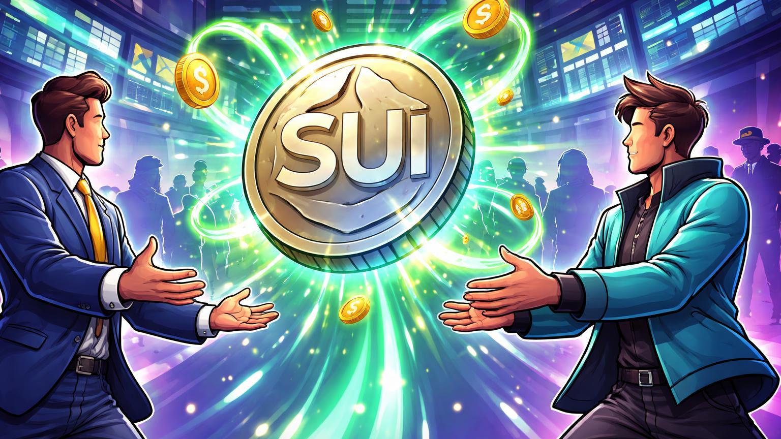 Executivos cartoon lançando token SUI com raios verdes de staking rewards sobre bolsa estilizada, simbolizando ETFs nos EUA