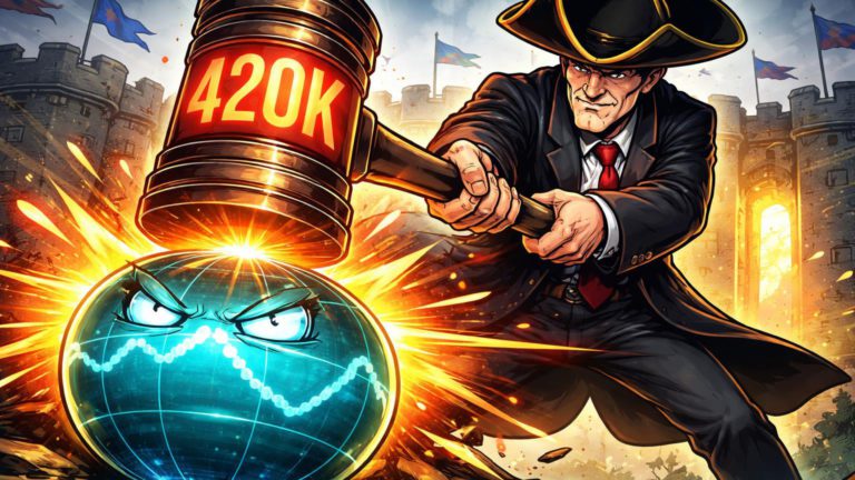 Burocrata cartoon holandês multando orbe de prediction market com selo 420K em martelo, simbolizando cerco regulatório europeu ao Polymarket