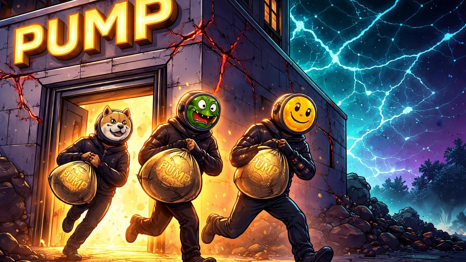 Figuras cartoon da equipe saindo por porta dos fundos com sacos de tokens PUMP de um prédio rachado, alertando venda insider no Pump.fun e Solana
