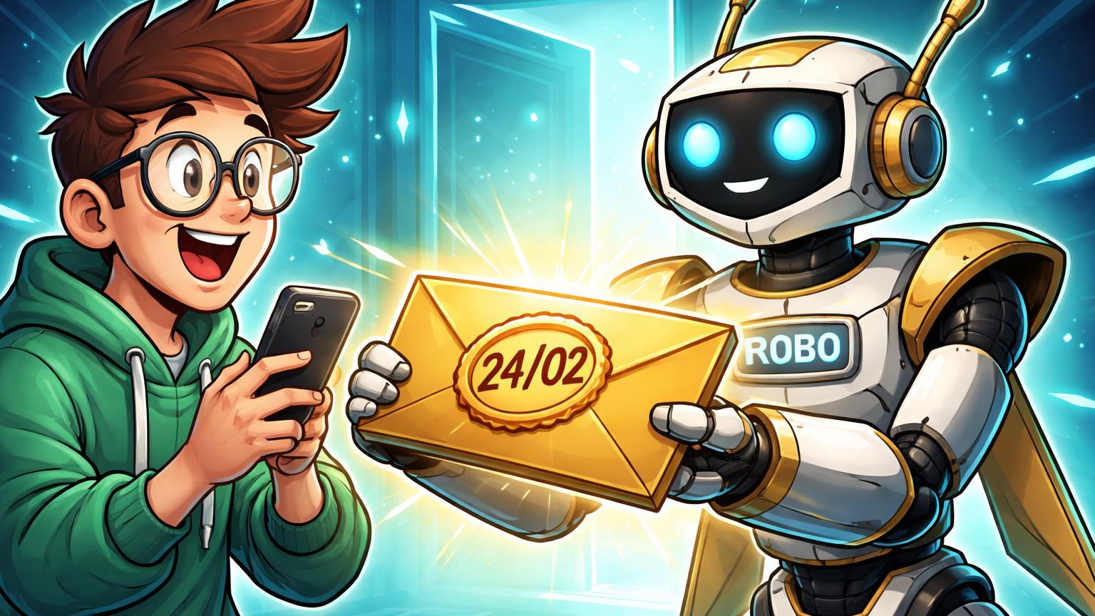 Robô cartoon ROBO entregando envelope de airdrop com carimbo 24/02 a usuário iniciante, simbolizando registro para token grátis no Fabric