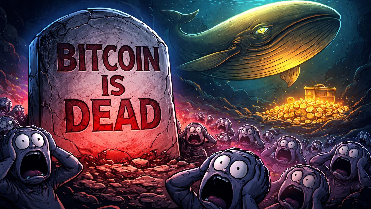 Lápide 'Bitcoin is dead' com multidão cartoon em pânico e baleia dourada coletando tesouros, simbolizando extreme fear como oportunidade para baleias