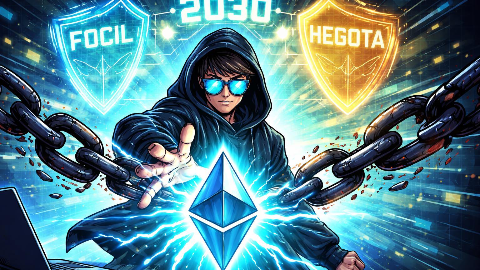 Personagem cypherpunk cartoon quebrando correntes de censura com prisma Ethereum e holograma roadmap 2030 com FOCIL, simbolizando visão anti-censura de Vitalik