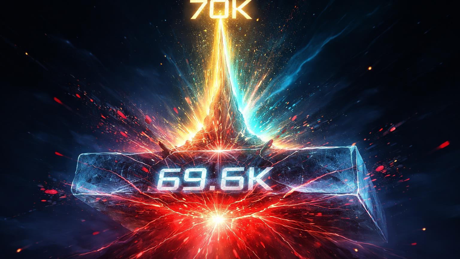 Barreira cristalina com 69.6K rompendo sob pressao vermelha de shorts, liberando explosao dourada-cyan rumo a 70K, simbolizando squeeze no Bitcoin