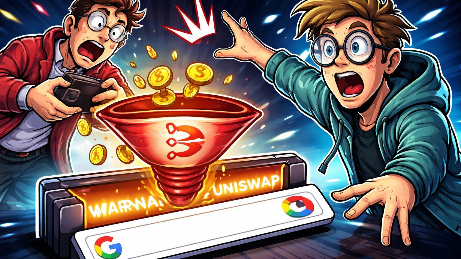 Personagem fundador cartoon alertando investidor de scam falso Uniswap em anúncio Google, carteira drenando moedas douradas