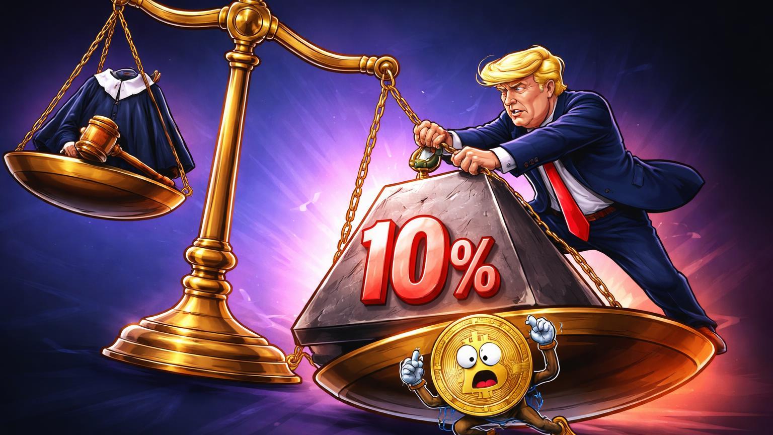 Balança da justiça cartoon desequilibrada por Trump adicionando peso de tarifas '10%', com Bitcoin desesperado na ponta baixa, sinalizando riscos macro ao cripto