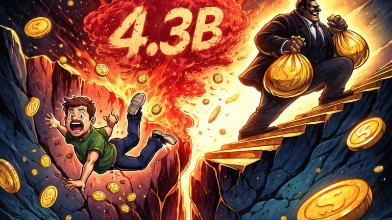 Investidor varejo cartoon em queda livre enquanto insider cartoon sobe com sacos de ouro, com '4.3B' em fumaça, ilustrando perdas em memecoins Trump