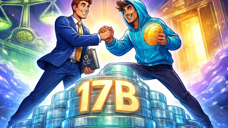 Executivos cartoon TradFi e DeFi apertando mãos sobre pedestal '17B' de stablecoins, com balança SEC favorável, simbolizando recorde ETF e avanço institucional