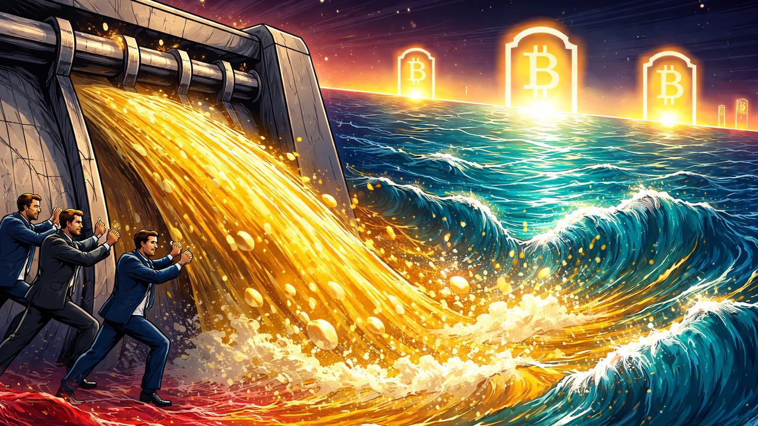 Executivos cartoon liberando fluxo dourado que transforma mar volátil em ondas calmas, simbolizando influxo de US$ 88 mi em ETFs de Bitcoin