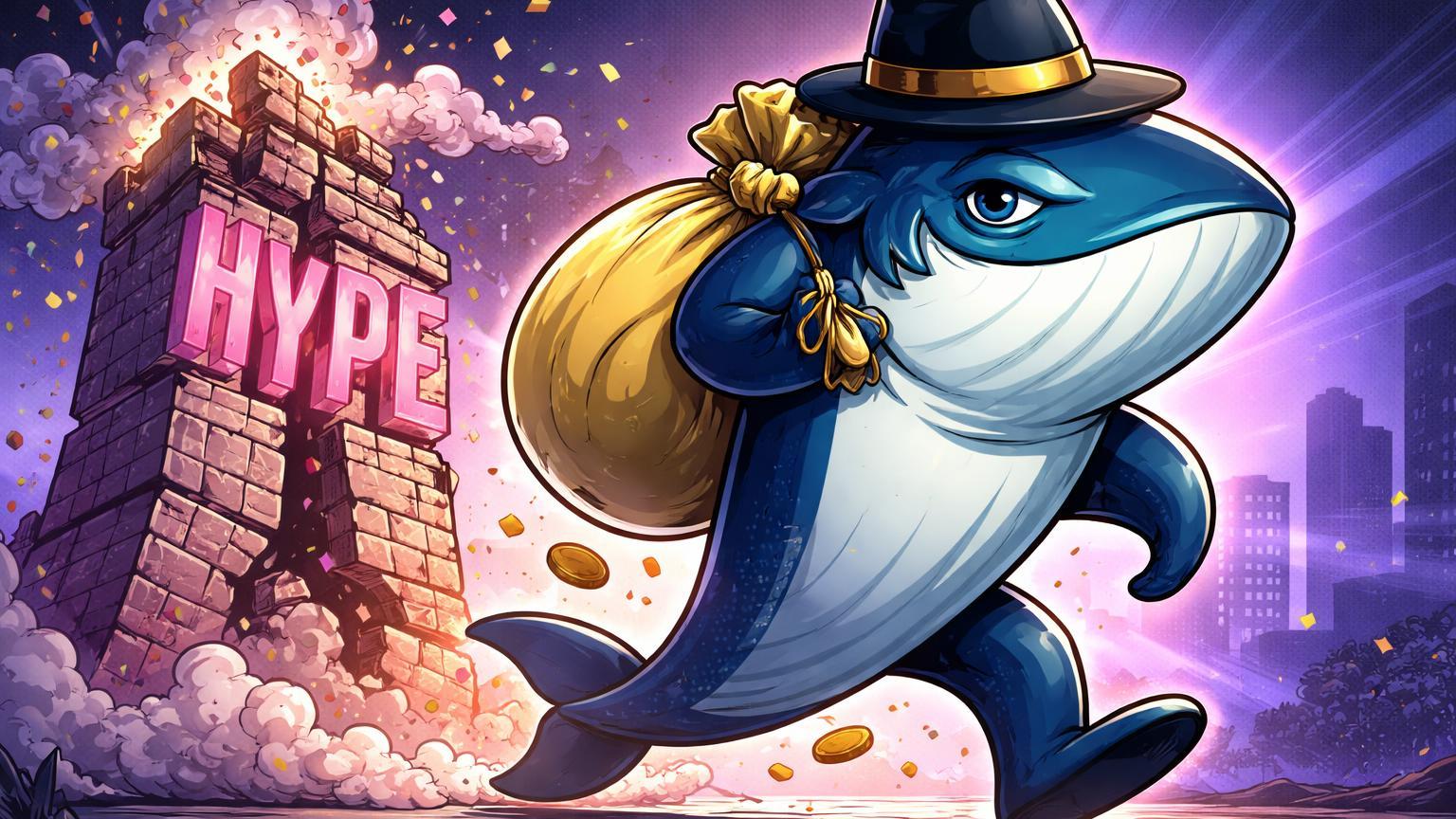 Baleia cartoon com chapéu de trader carregando saco de lucros saindo de torre HYPE rachando, ilustrando tomada de lucro da Loracle