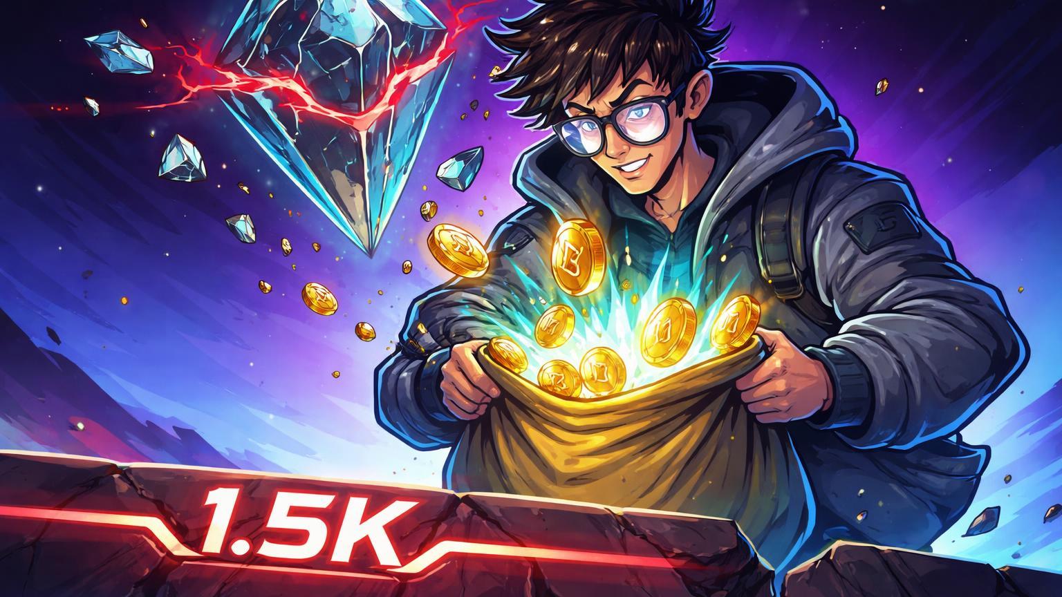 Figura cartoon de Vitalik abrindo bolsa de ETH caindo de prisma Ethereum rachado, com marca 1.5K abaixo, alertando risco de queda do preço