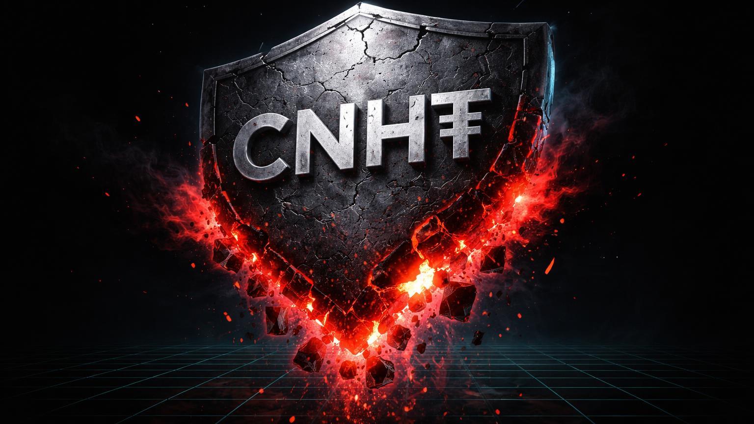 Escudo de stablecoin CNH₮ corroendo e dissolvendo pela base, simbolizando fim de suporte anunciado pela Tether
