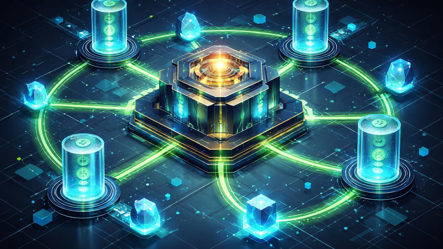 Ecossistema isométrico DeFi com agentes IA geométricos e fluxos nanopagamentos verde neon, ilustrando automatização Uniswap e Circle