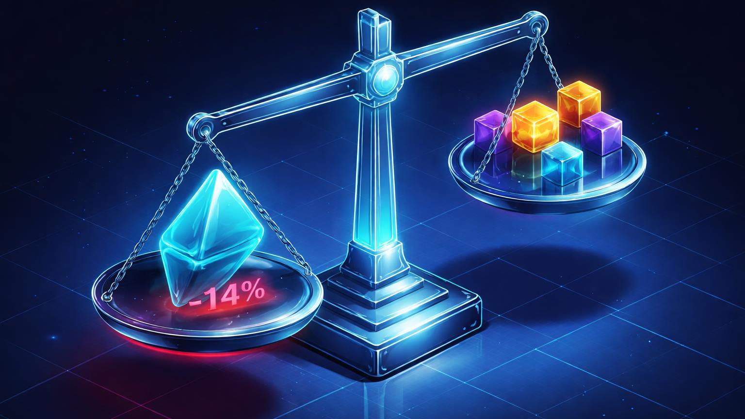 Balança isométrica com bloco Ethereum afundado marcado -14%, simbolizando liderança em desvalorização por MVRV entre altcoins