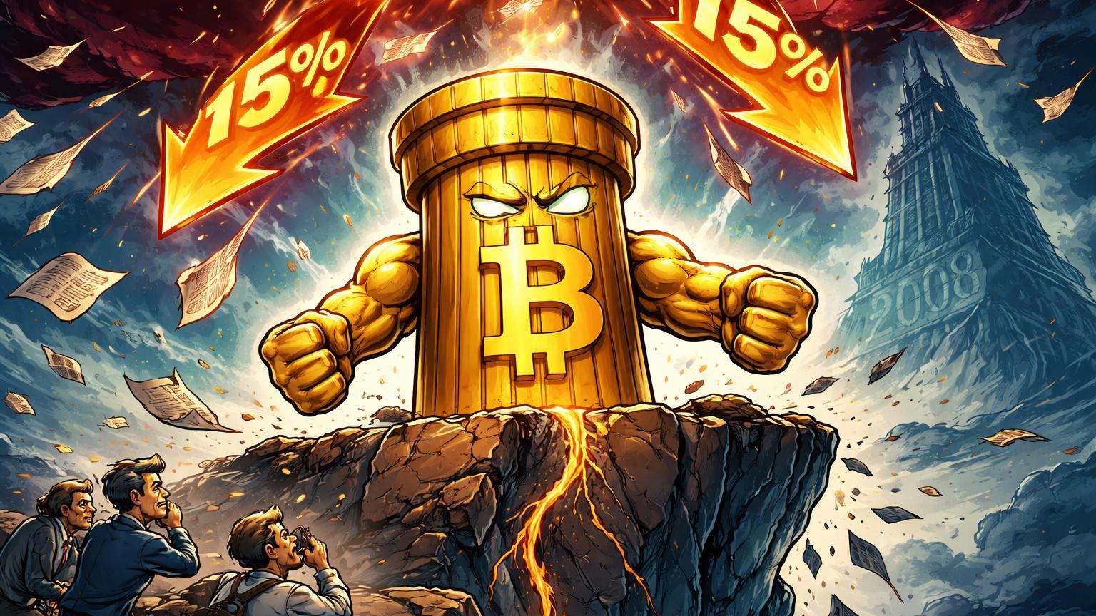 Pilar Bitcoin cartoon com braços firmes resistindo tempestade financeira, avalanche de papéis e setas '15%', ecoando crise de 2008