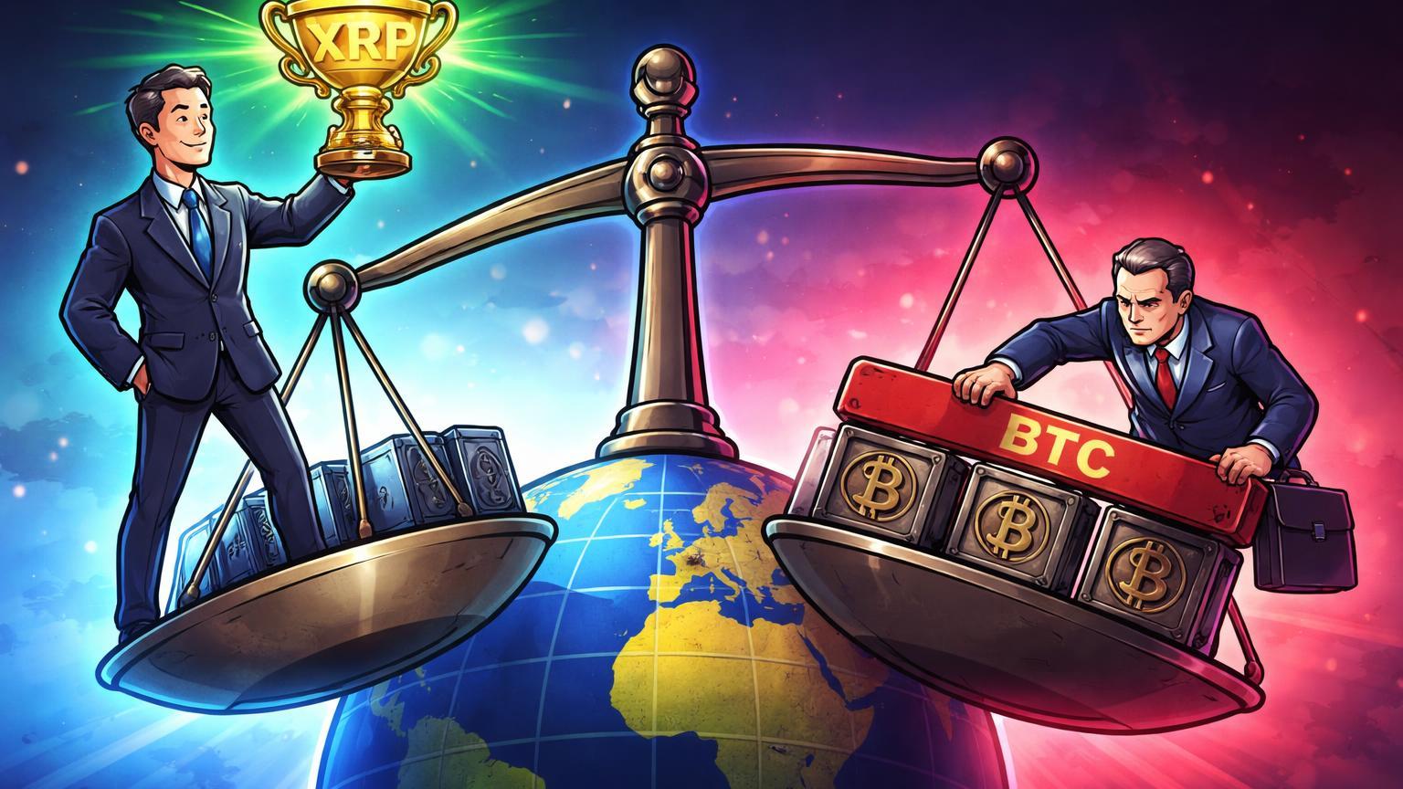 Balança cartoon com Japão elevando troféu XRP dourado contra França restringindo rigs BTC, simbolizando divergências globais em regulação cripto