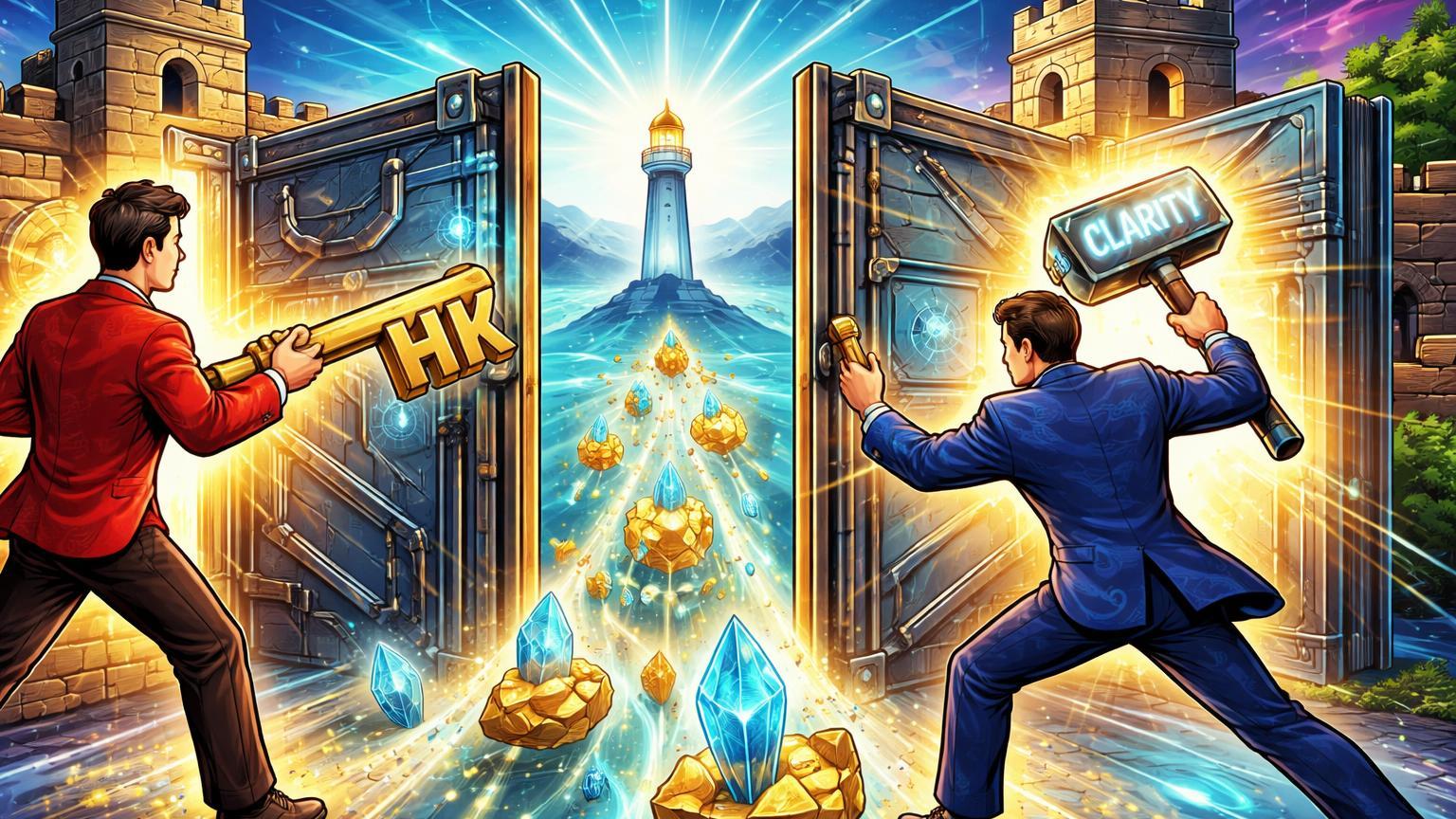 Personagens cartoon regulador chinês e executivo EUA abrindo portões para fluxo de ativos RWA, simbolizando exceção HK e CLARITY Act