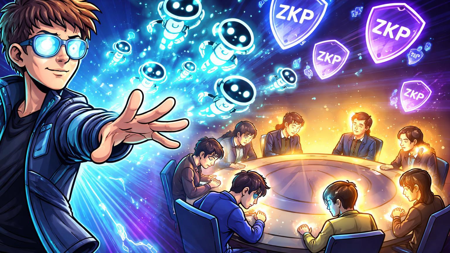 Vitalik cartoon liberando agentes IA luminosos para despertar avatares apáticos em mesa de DAO, com selos ZKP, transformando governança cripto