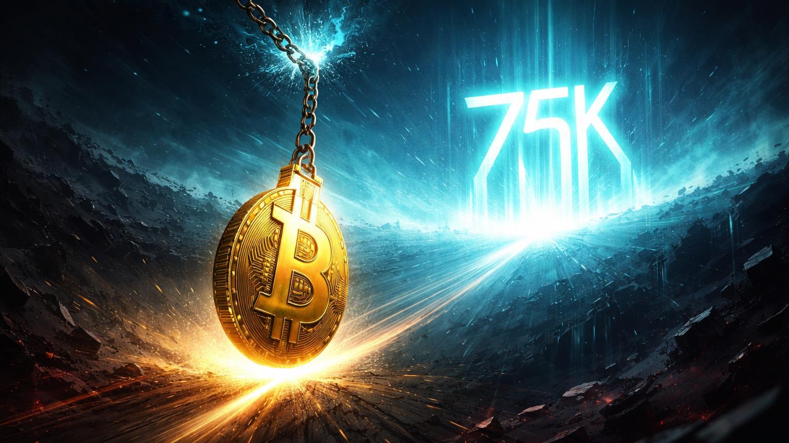 Pêndulo dourado de Bitcoin no ponto de inflexão após crash, com portal 75K luminoso no horizonte, sinalizando possível reversão técnica