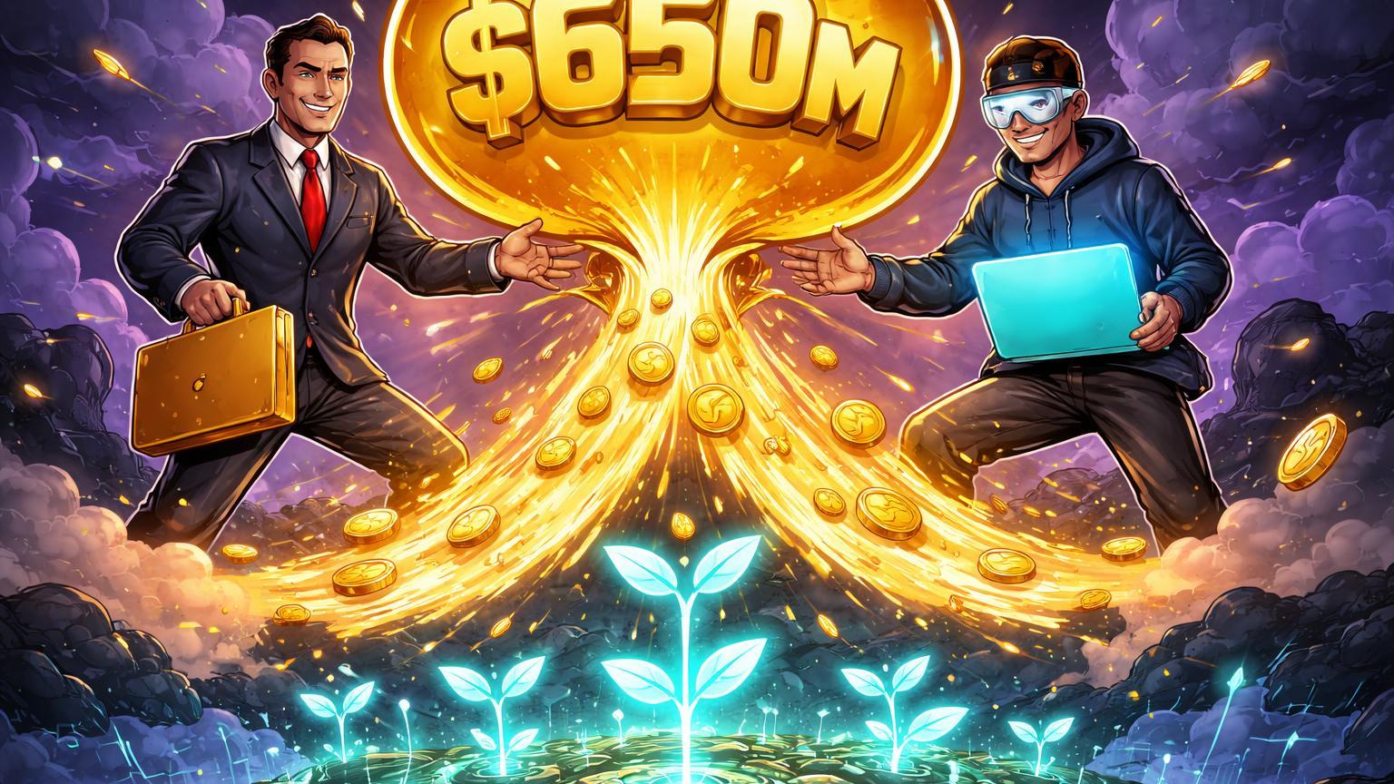 Investidores cartoon despejando rio de capital dourado com '$650M' em ecossistema cripto turbulento, sinalizando confiança da Dragonfly Capital