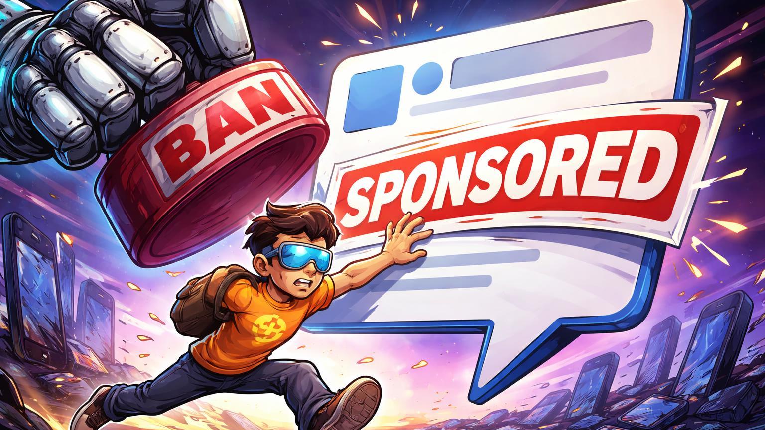 Criador cartoon correndo para colar etiqueta 'SPONSORED' em post enquanto mão robótica da X ameaça ban, alertando sobre disclosure obrigatório