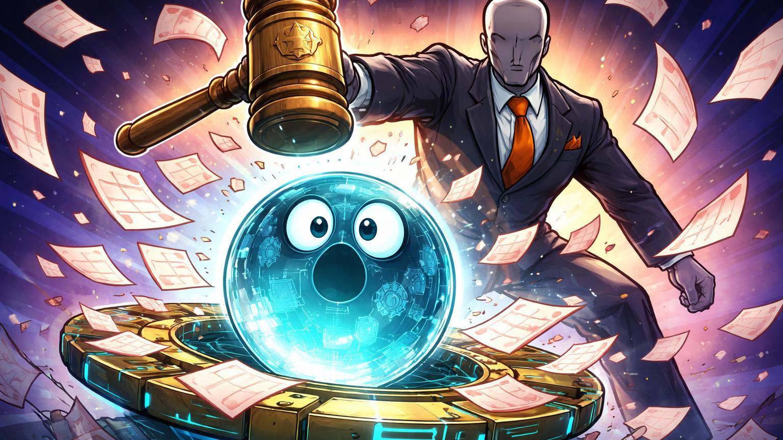 Regulador cartoon holandês batendo martelo sobre plataforma de predição estilizada, simbolizando multas semanais impostas à Polymarket pela UE