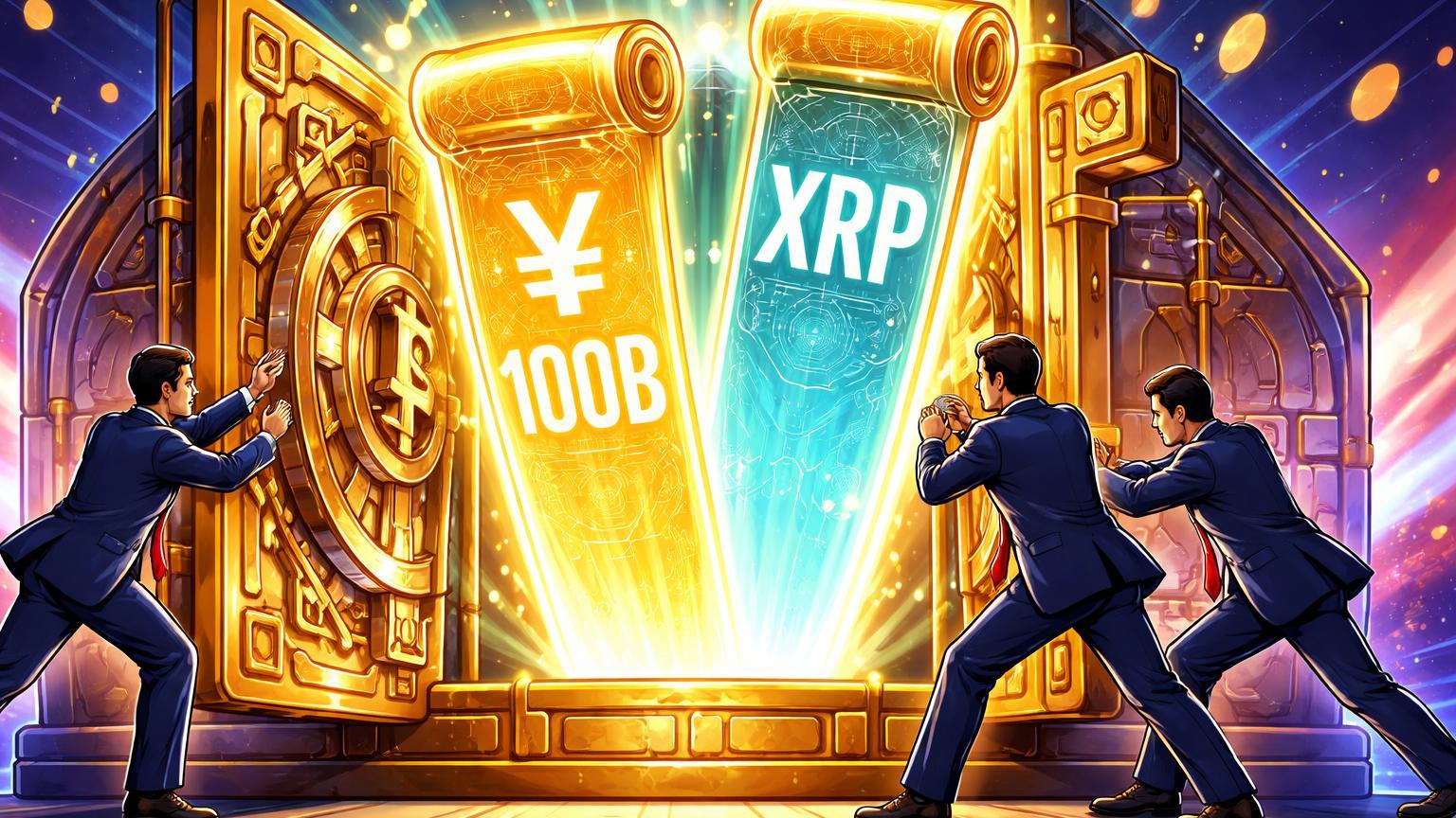Executivos cartoon da SBI abrindo cofre digital com títulos ¥100B e XRP emergindo, simbolizando lançamento de tokenização institucional no Japão
