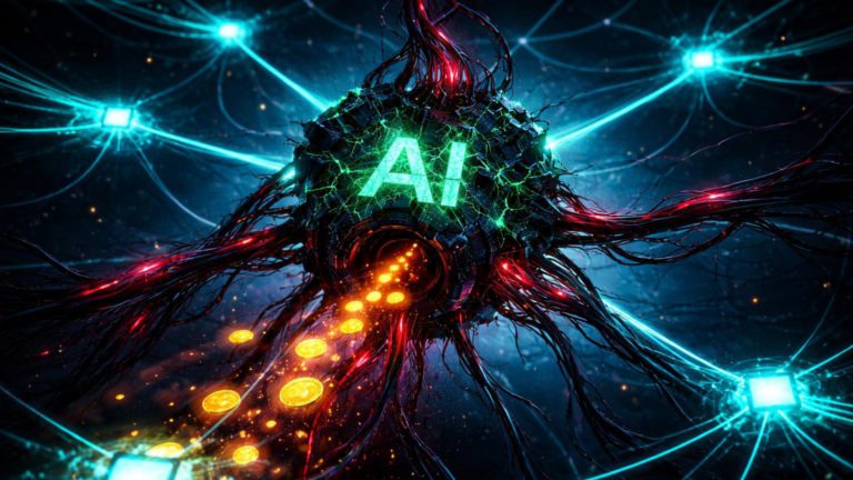 Rede neural com nó central falso de IA corrompido emitindo tentáculos vermelhos sugando tokens dourados, alertando sobre scams cripto