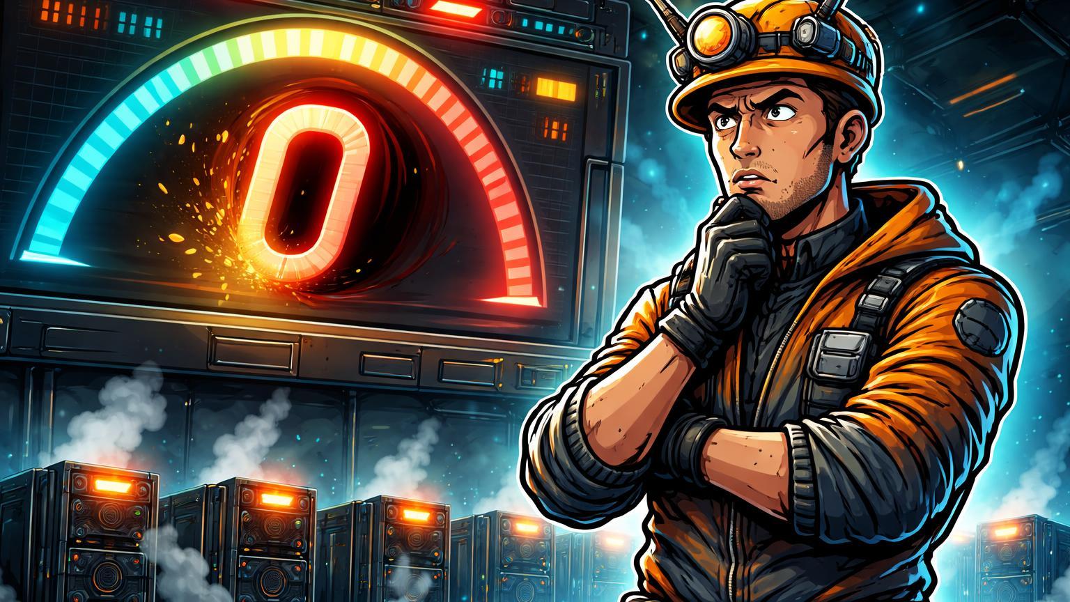 Executivo de mineradora cartoon diante de painel de holdings Bitcoin zerado com '0' destacado, ilustrando dilema de capitulação ou estratégia