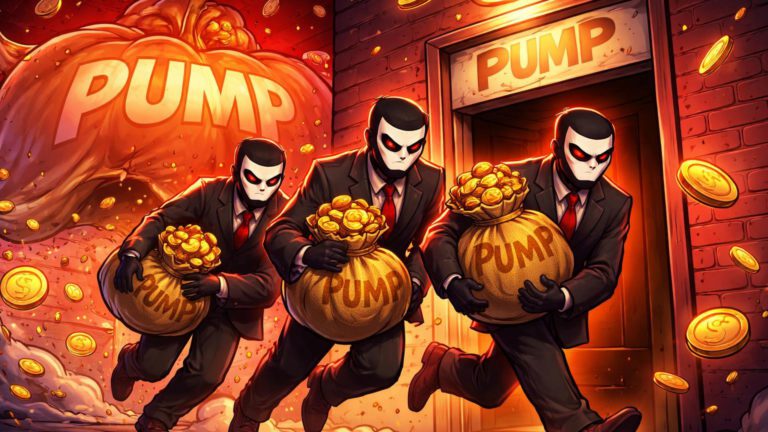 Insiders cartoon saindo porta dos fundos com sacos de PUMP enquanto balão memecoin murcha, representando dump massivo da equipe Pump.fun