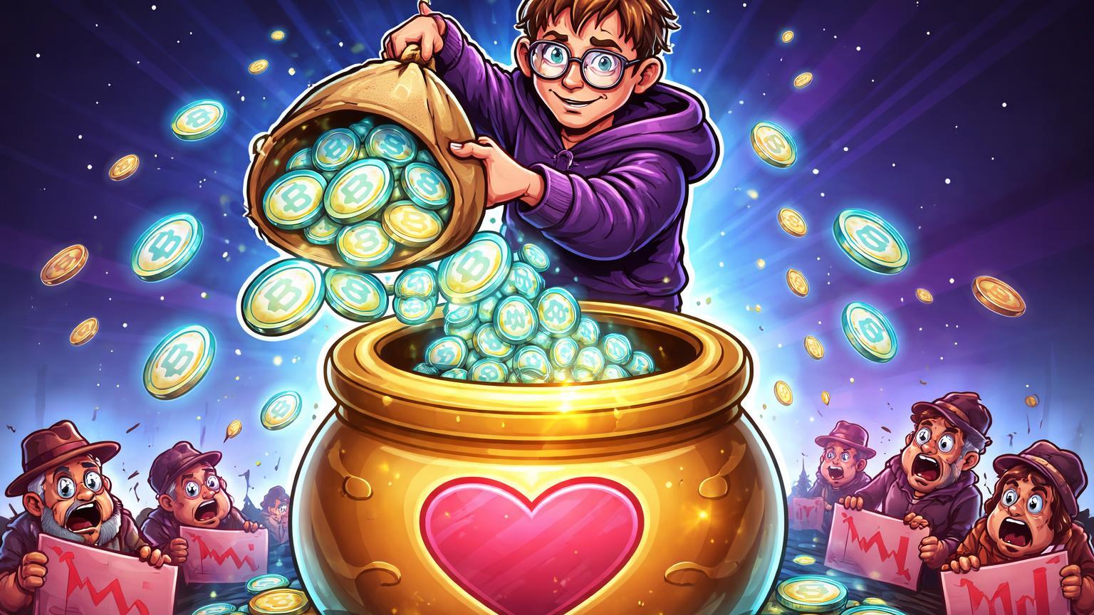 Vitalik cartoon despejando ETH em urna de caridade, traders preocupados abaixo simbolizando vendas de baleia e pressão no preço Ethereum