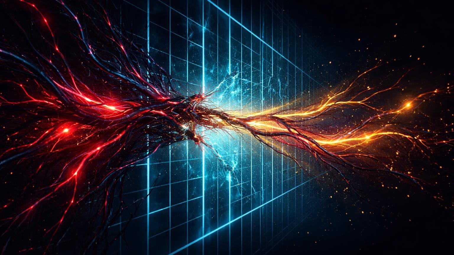 Rede de veias sombrias pulsando energia vermelha e dourada perfurando barreira regulatória cyan, simbolizando evasão russa de sanções em cripto