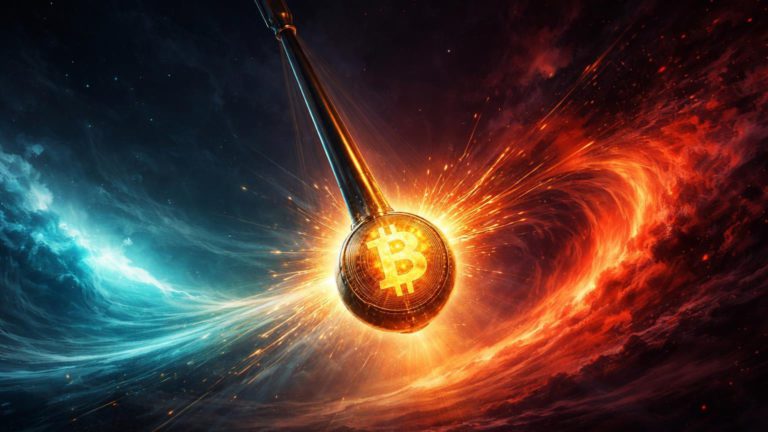 Pêndulo colossal com núcleo Bitcoin oscilando entre calmaria cyan e tormenta vermelha, simbolizando volatilidade macro com Fed e riscos geopolíticos