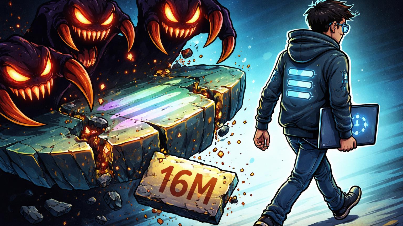 Desenvolvedor cartoon abandonando plataforma Solana rasgada por garras scammers com '16M' quebrado, ilustrando fraude OpenClaw