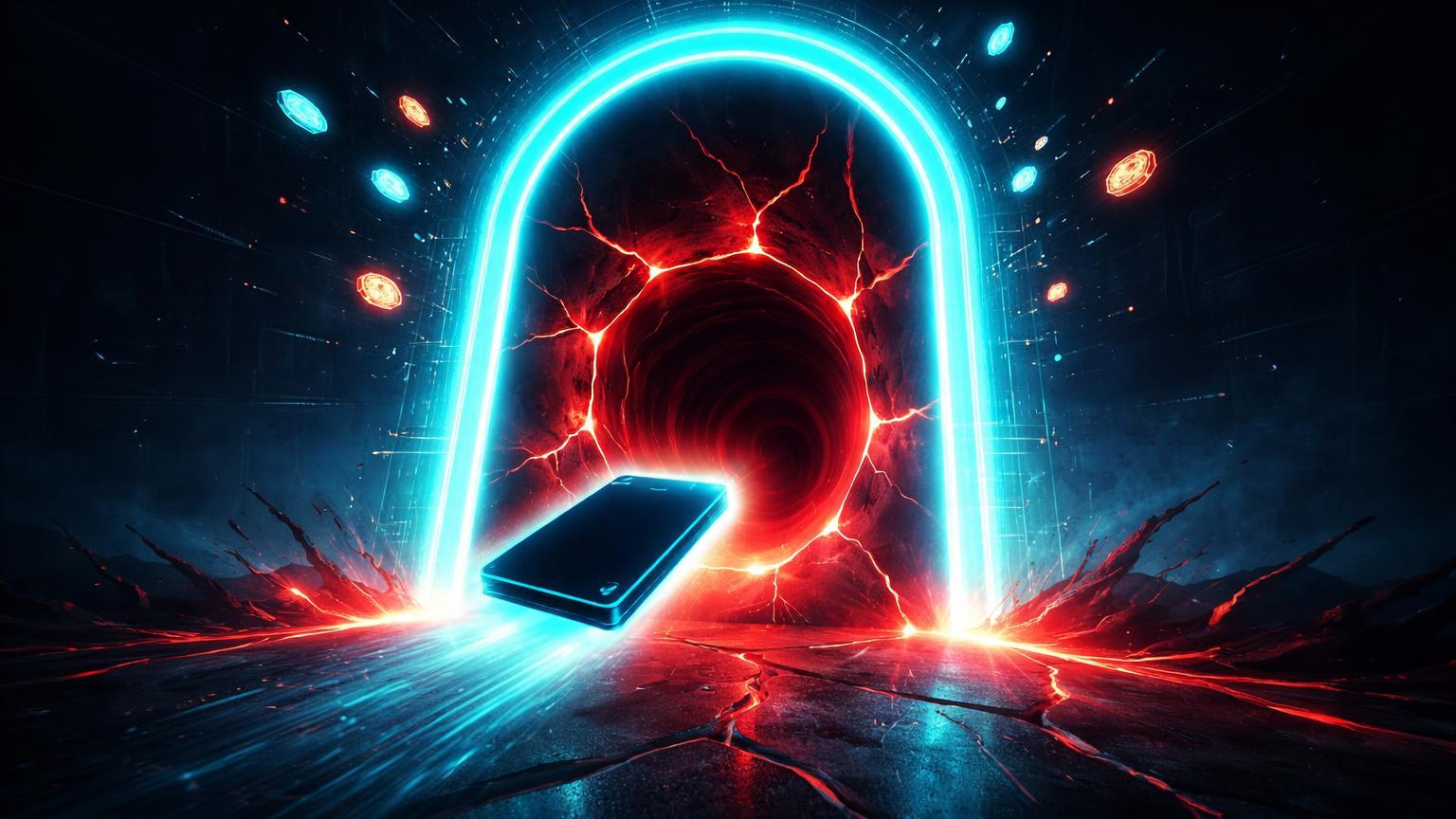 Portal neon falso cyan atraindo silhueta de carteira para abismo vermelho, ilustrando golpe de phishing em anúncios Uniswap no Google