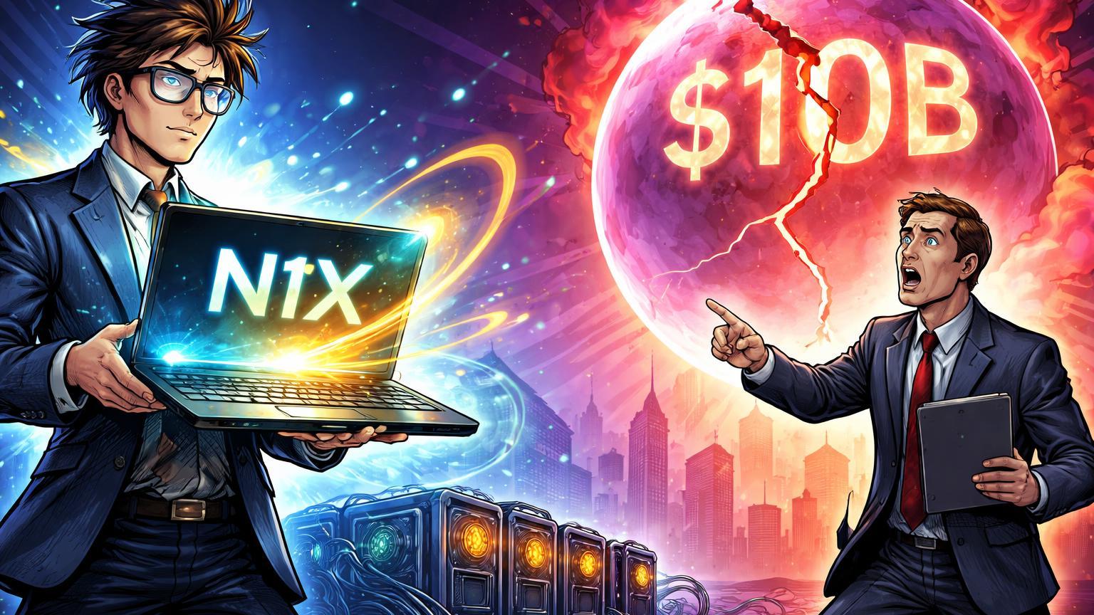 Engenheiro cartoon apresentando laptop N1X AI Nvidia enquanto analista alerta bolha IA com $10B perdas, impactando mineração cripto
