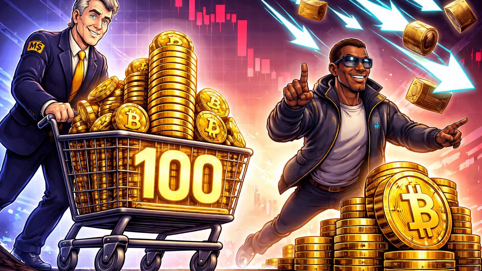 Personagens cartoon de Saylor e Hayes comprando pilhas de BTC na queda, com marca '100' na pilha, simbolizando otimismo de gigantes na baixa do mercado