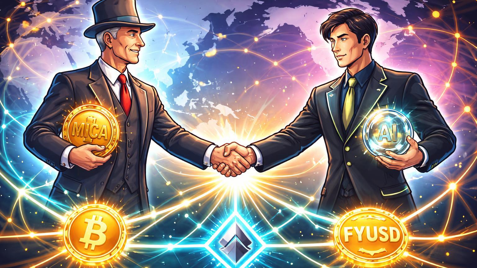 Personagens cartoon de banqueiro europeu e executivo asiático conectando mãos com rede de energia BTC, ETH e FYUSD, simbolizando adoção bancária institucional