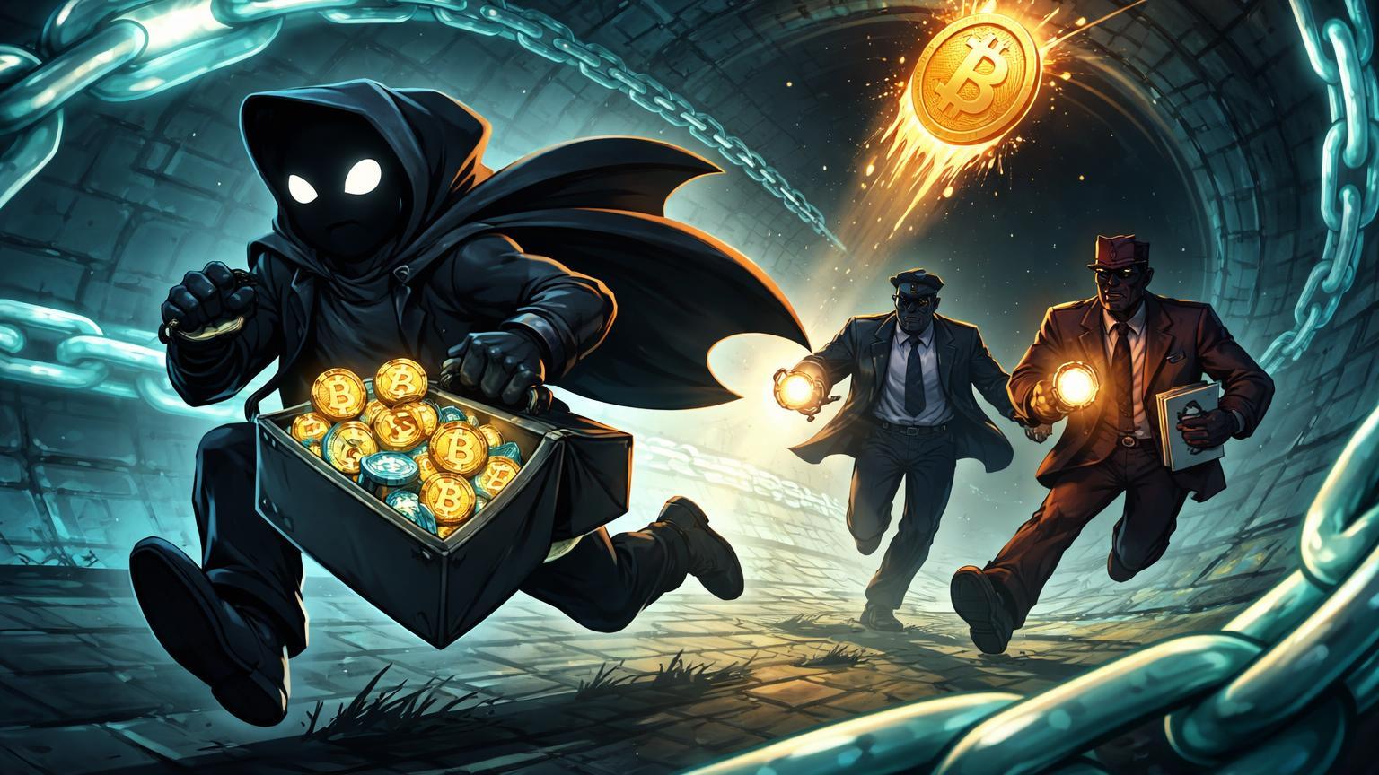 Figura cartoon de exchange sombra fugindo por túnel blockchain de reguladores, com Bitcoin caindo, simbolizando evasão russa e pressão de sanções