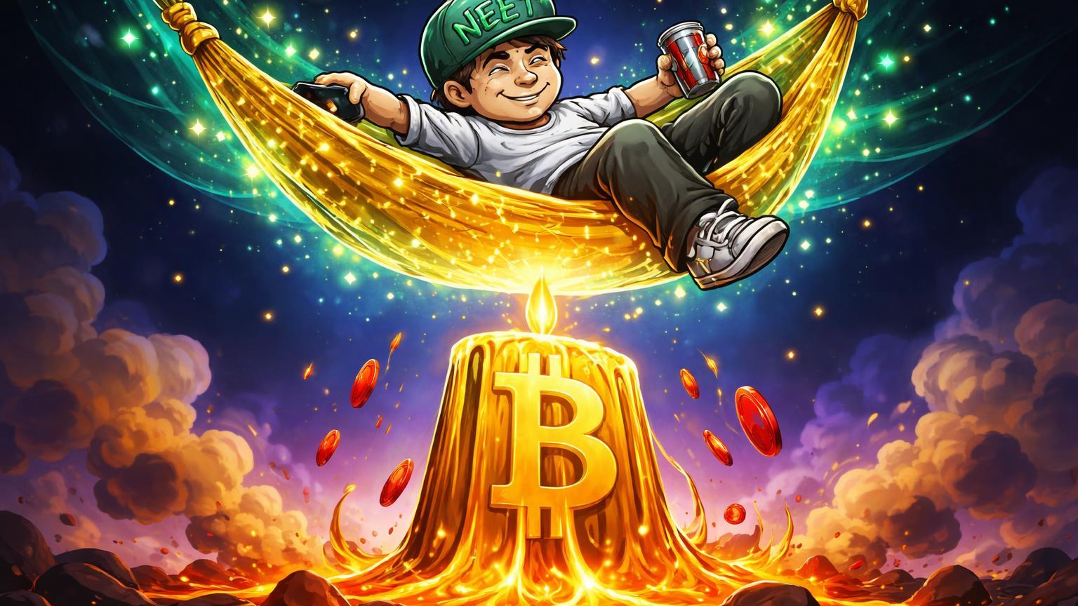 Personagem NEET cartoon relaxado em rede dourada subindo sobre monolito Bitcoin derretendo, ironia das memecoins prosperando na Solana