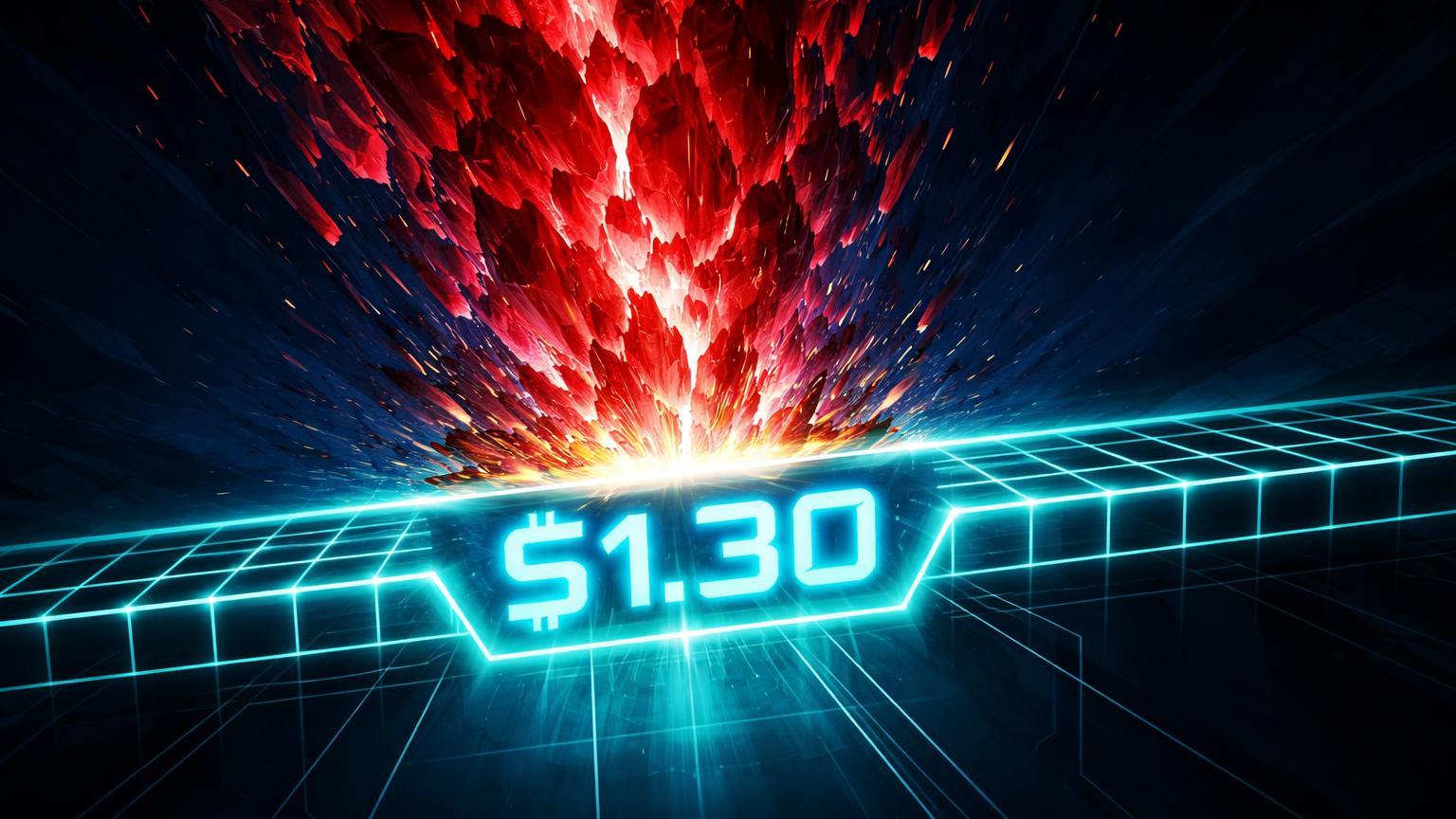 Massa vermelha de perdas colidindo contra grade de suporte cyan com $1.30 entalhado, sinalizando capitulação crítica no XRP