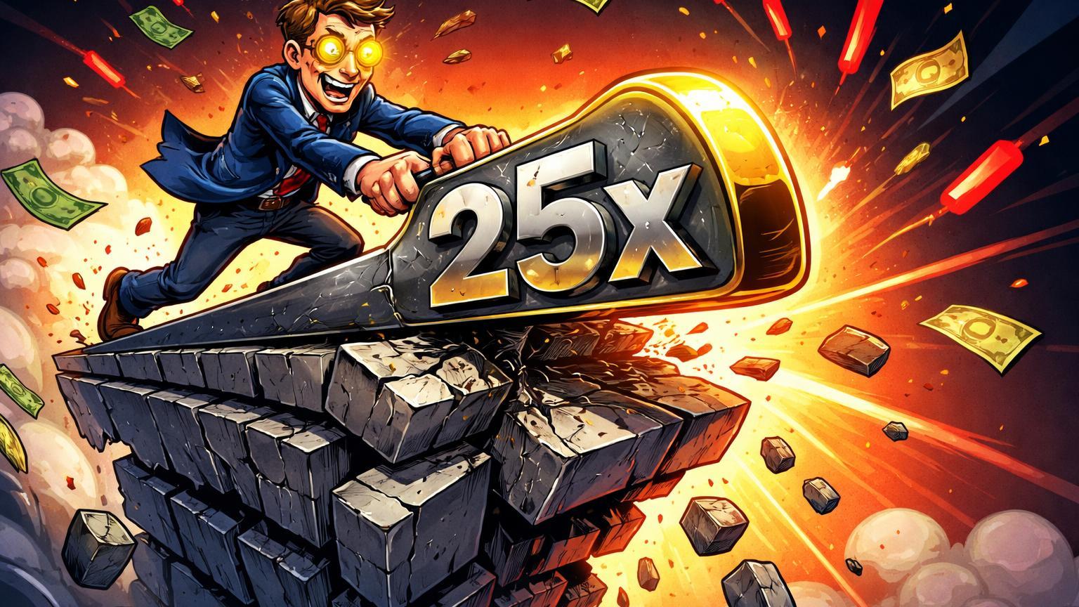 Trader cartoon ganancioso caindo de plataforma instável ao empurrar alavanca 25x, simbolizando liquidação e riscos da ganância no trading cripto